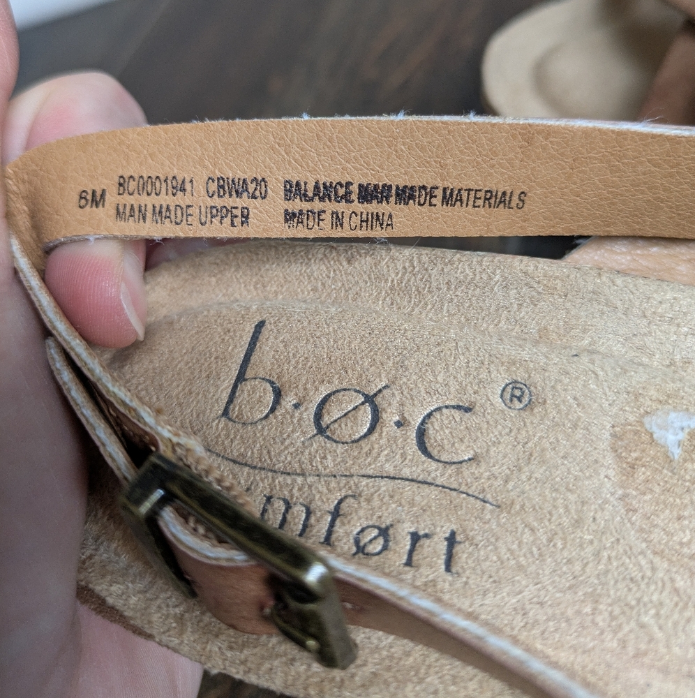 BOC Comfort Wedge Sz 8 Faux Leather Strappy Sandal Tan Slingback Granola Cushion - Picture 2 of 9
